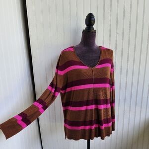 NWT APT 9 Women’s Knit V-Neck Pullover Brown Pink Striped Sweater Lighweight L